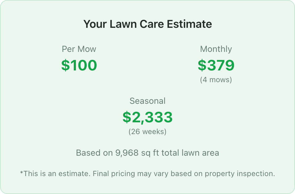 Lawn care estimate: $100 per mow, $379 monthly, $2,333 per season