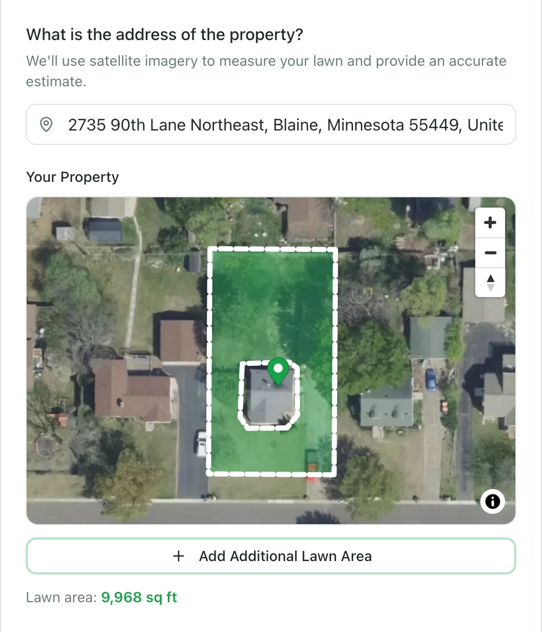 LawnScale calculator outlining a 9,968 square foot lawn on satellite imagery